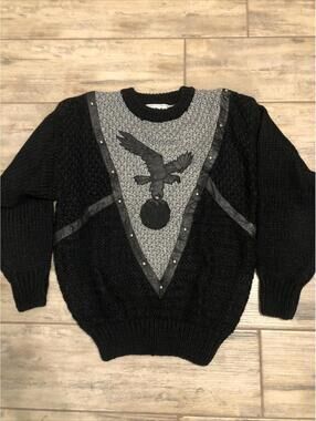 Vtg Forum Grandpa Crewneck Chunky Knit Sweater XL With Black Leather Eagle Goth